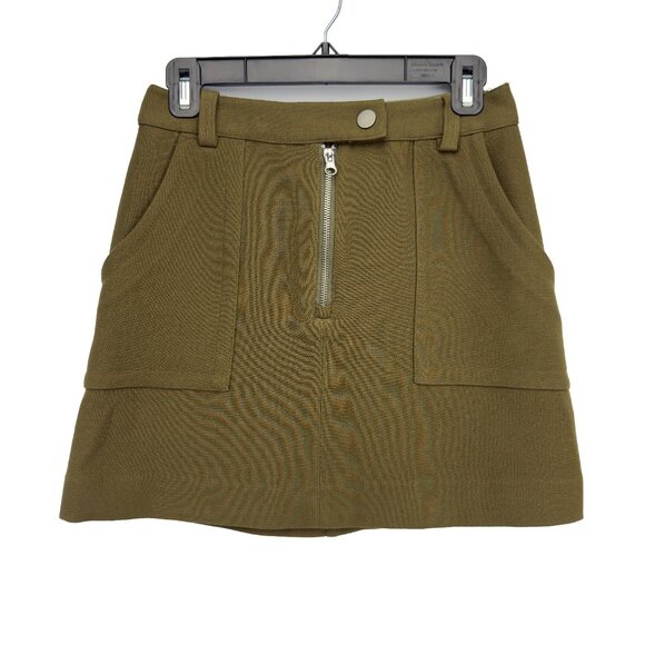 FRANK & OAK Zip Front Patch Pockets Stretch Utility Olive Green Mini Skirt S - Picture 1 of 5
